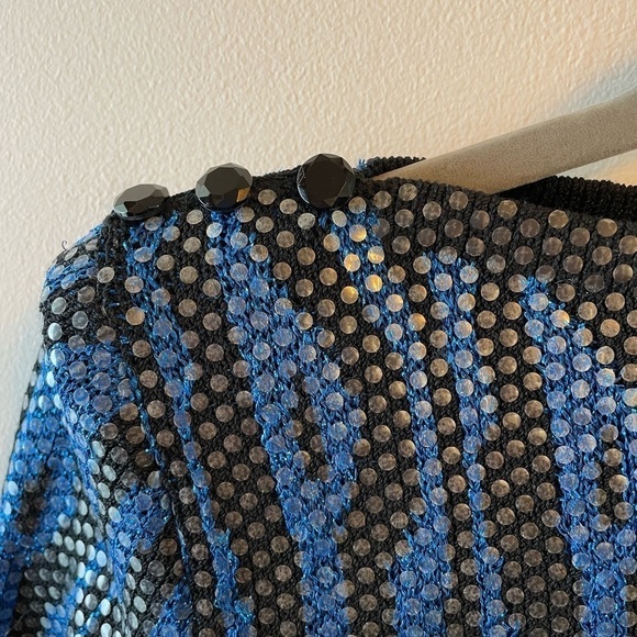 Vtg 80s Glam St. John Knit Sweater Blue Zebra Top Rock Sequin Shiny Retro Print - Picture 6 of 16